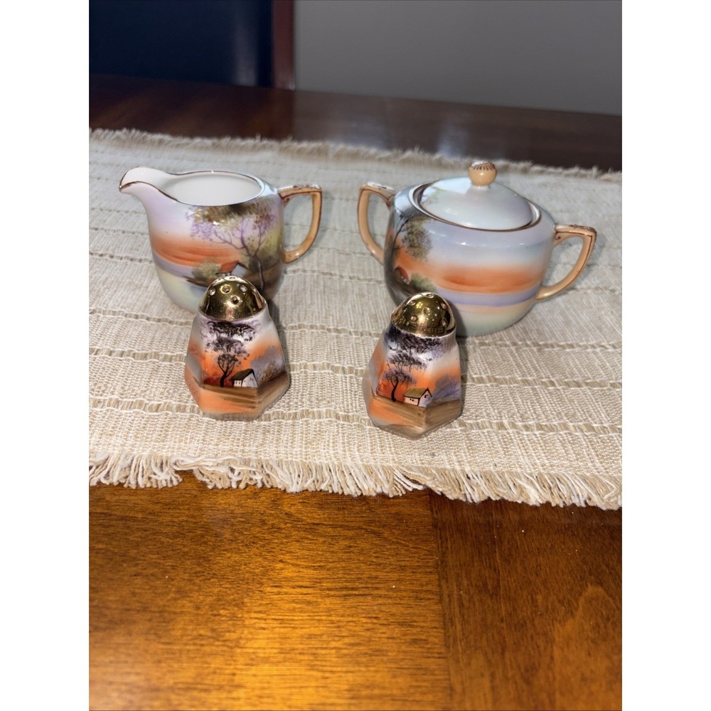 Noritake Handpainted‎ In Japan Cream & Sugar Set And Salt & Pepper Landscape